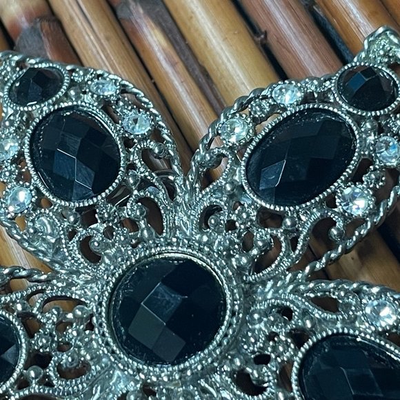 VINTAGE NEW BELT BUCKLE BLACK CABOCHON CRYSTAL ENCRUSTED STARFISH STAR FLOWER - Picture 2 of 5